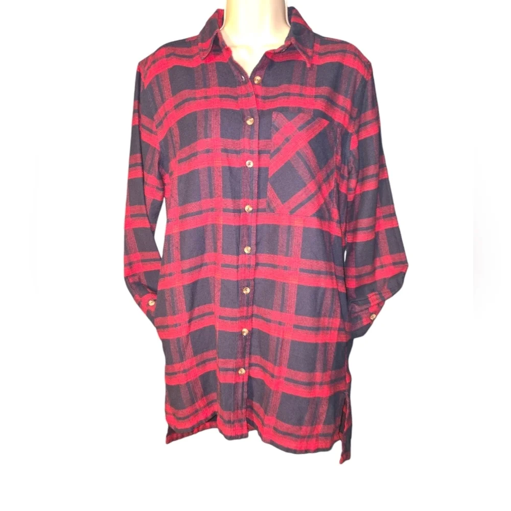 NWT! Forever 21 Navy & Red Plaid Button Down Shirt dress, Size Small, CABINCORE - Picture 2 of 11